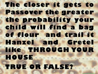 FACT: The closer it gets to Passover the greater the probability your child will find a bag of flour and trail it Hanzel and Gretel like THROUGH YOUR HOUSE TRUE OR FALSE? via birkat chaverim