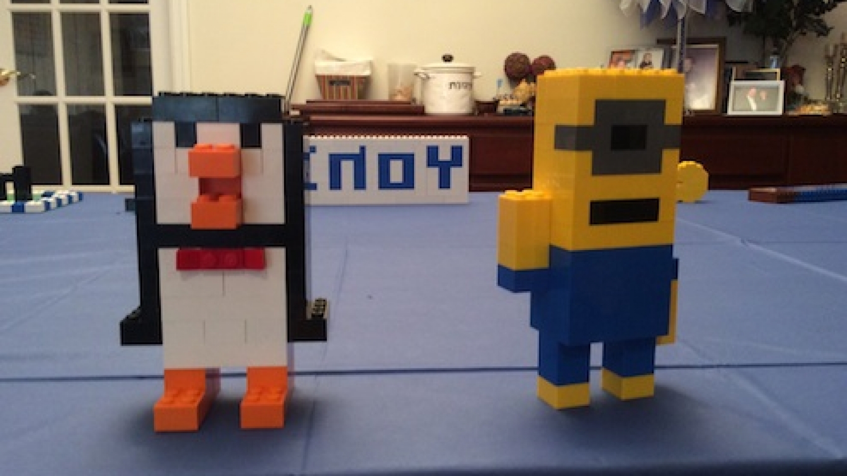 Aren't these cute? Lego Penguin and Despicable Me character as part of a Lego Museum charity fundraiser for a bat mitzvah project.