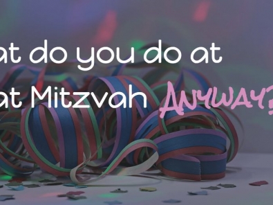 Streamers and confetti picture as a background for text What do you do at a Bat Mitzvah anyway